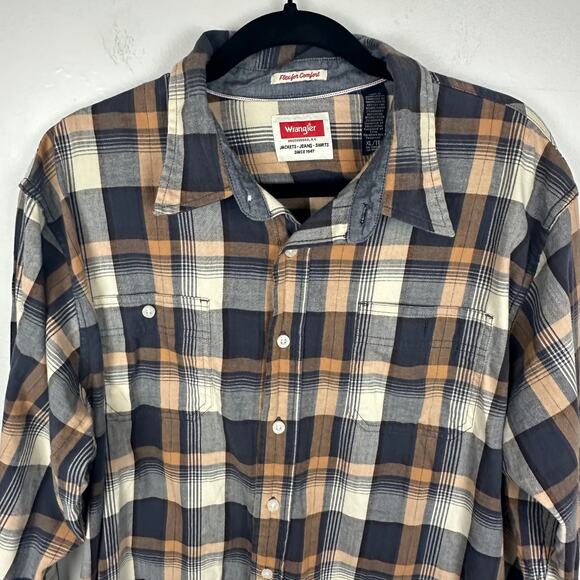 Wrangler Mens Flex For Comfort Button-Up Long Sleeve Brown/Grey Plaid Shirt XL - Picture 3 of 10